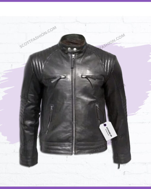 Padded Leather Jacket with Stand Collars