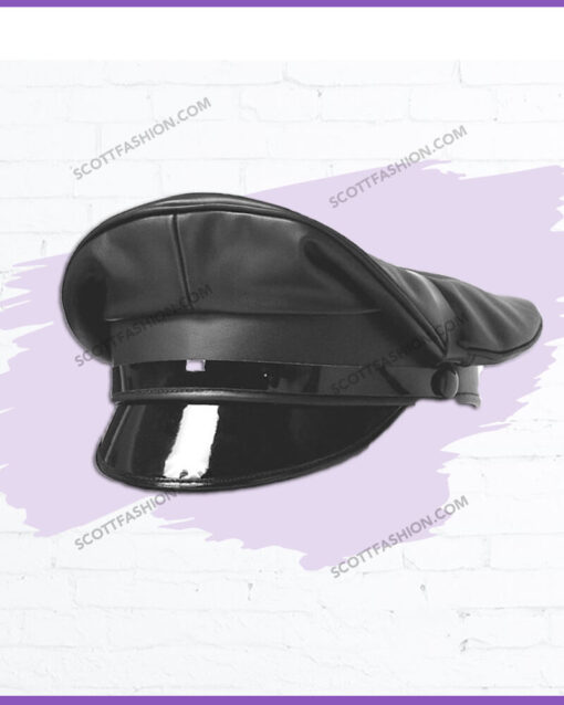 Black Peaked Leather Military Officer Cap