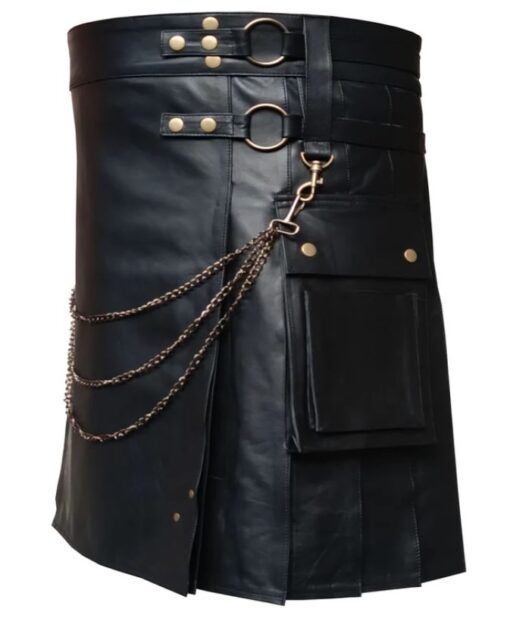 Genuine Black Leather Kilt with Steel Chain