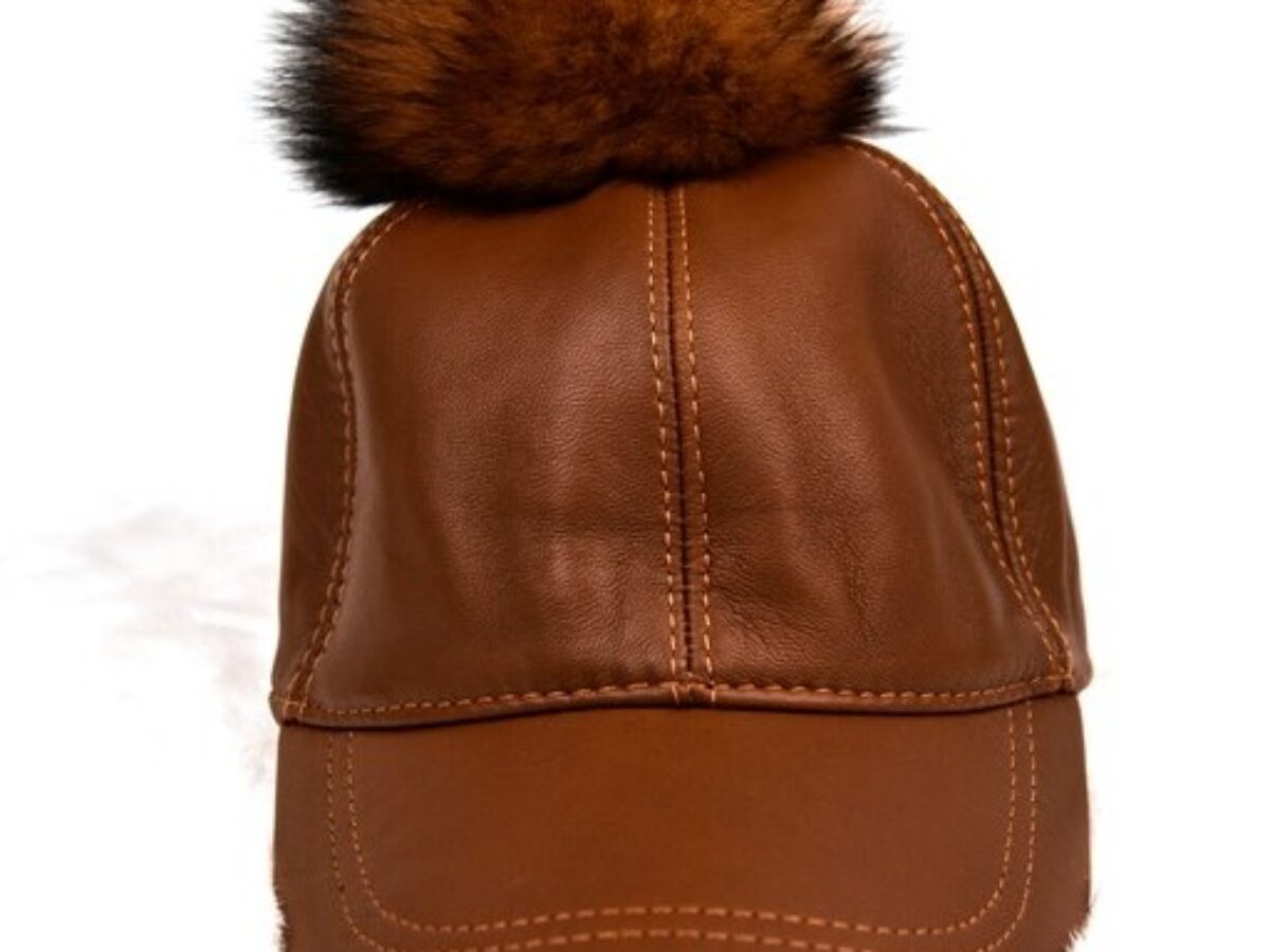 Leather baseball cap with fur ball on top deals