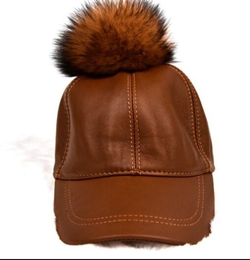 Leather cap with fur ball Pom Pom