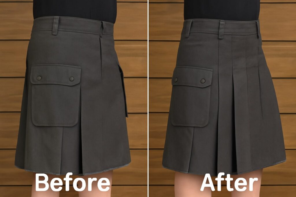 Modified pleats on a utility kilt to enhance movement and fit